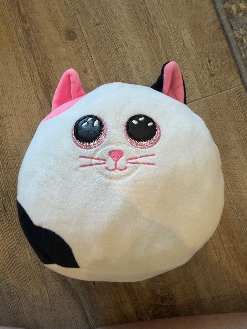Ty White Plush Cat Pillow with Black & Pink Ear Accents